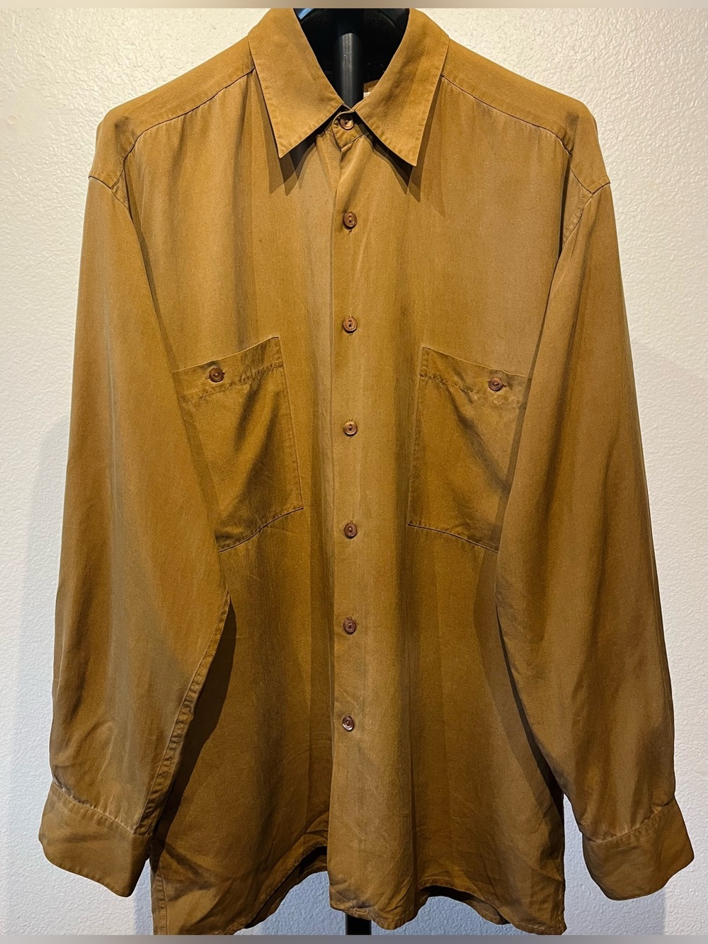 Vintage 100% Silk Long-Sleeve Button-Up Shirt in Mustard Brown - Size M (Men’s)
